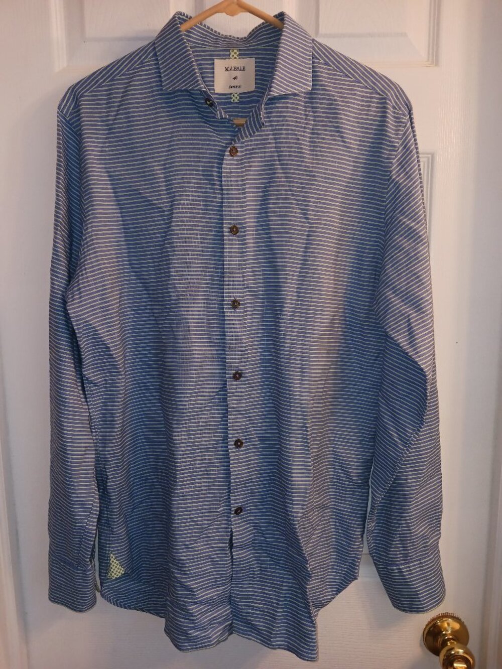 M.J. Bale Samurai Men's Long Sleeve Button Up Blue Green Striped Dress Shirt 40